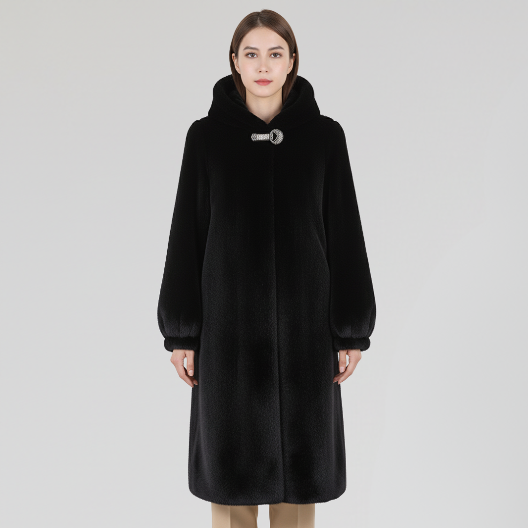 Manteau à Capuche en Fausse Fourrure avec Fermoir Strass