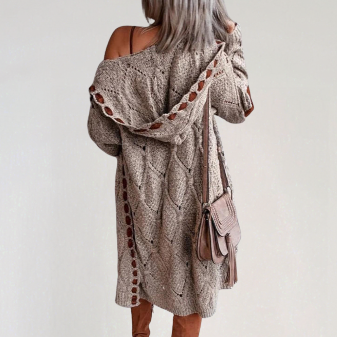 Cardigan Long à Capuche avec Motif Ajouré pour Femme