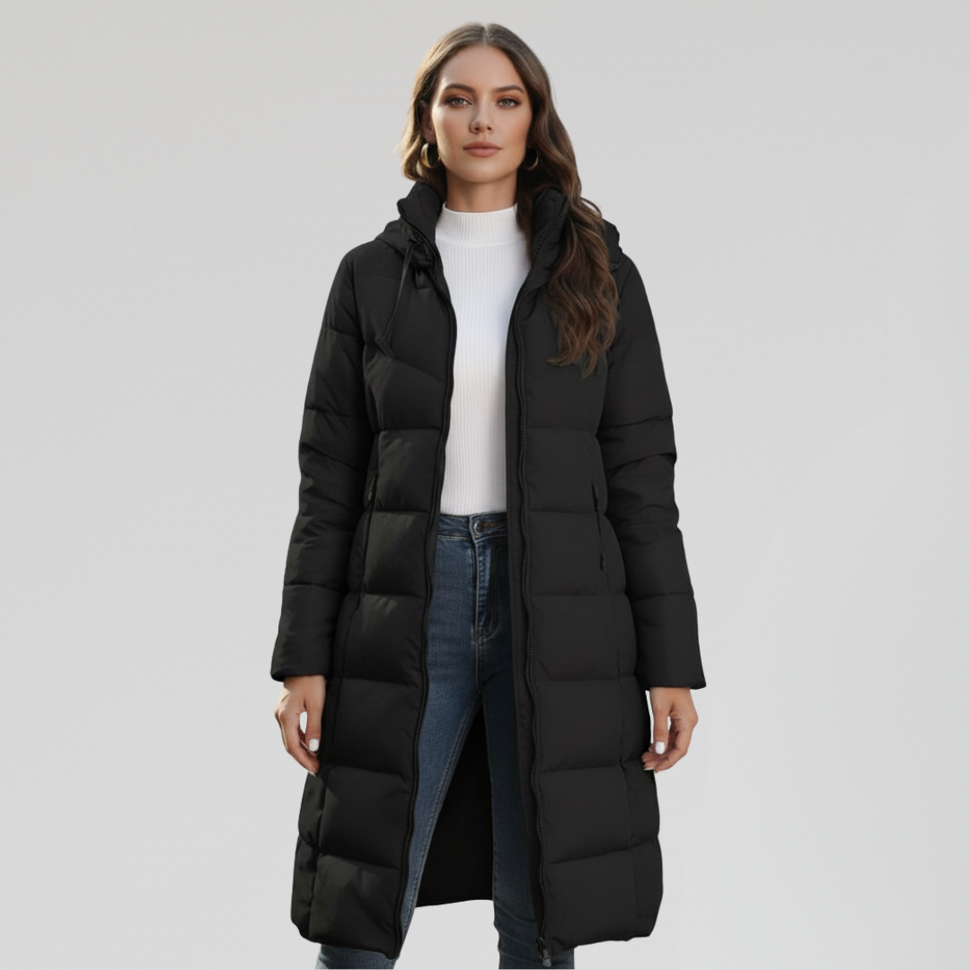 Doudoune Longue Femme avec Capuche et Fermeture Zippée