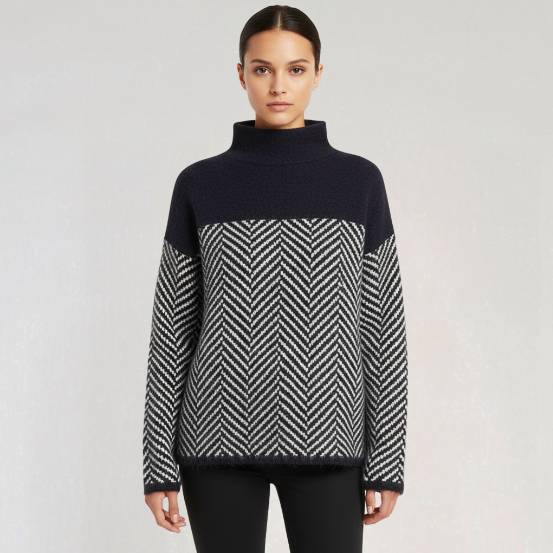 Pull Femme à Col Montant Bicolore Motif Chevron