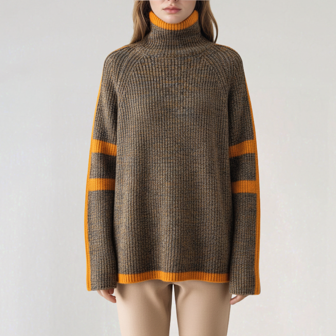 Pull à Col Roulé Manches Longues à Rayures Contrastées