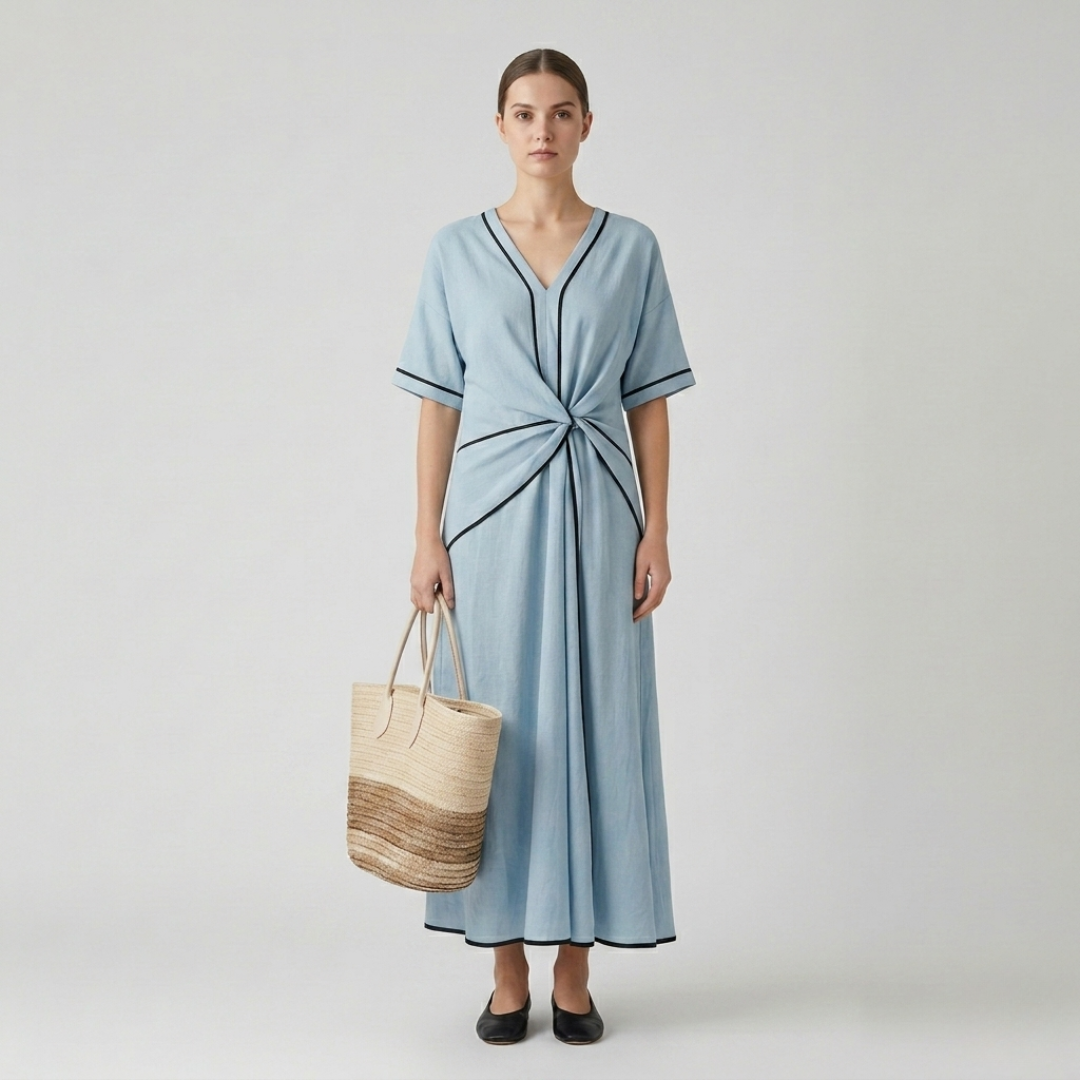 Robe midi femme à col V avec détail noué