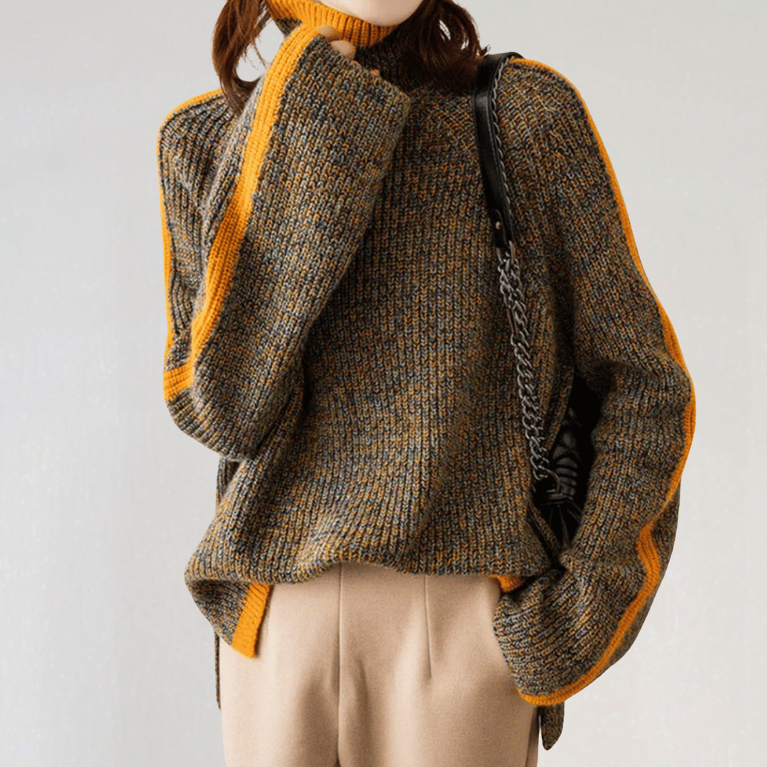 Pull à Col Roulé Manches Longues à Rayures Contrastées