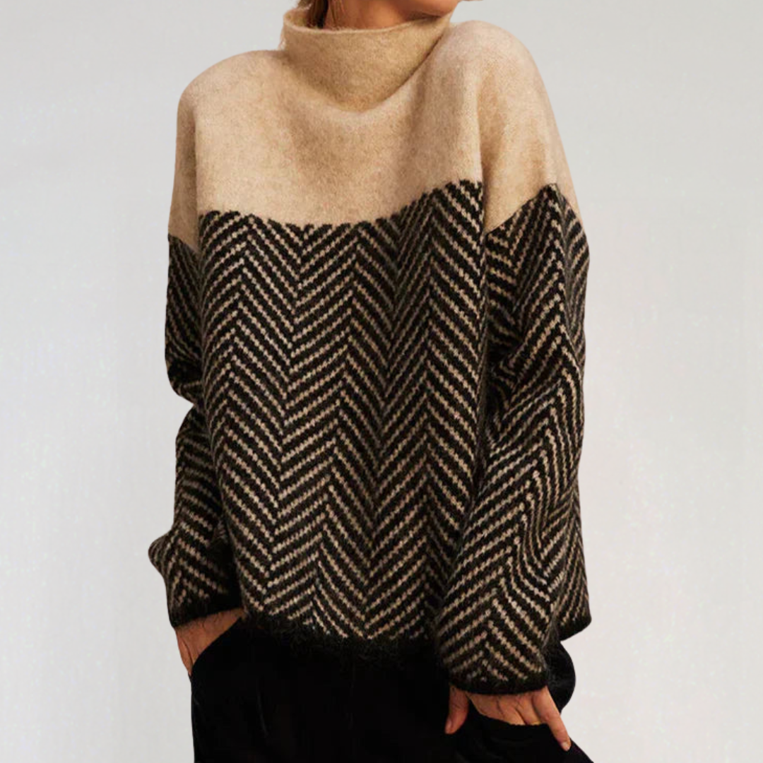 Pull Femme à Col Montant Bicolore Motif Chevron