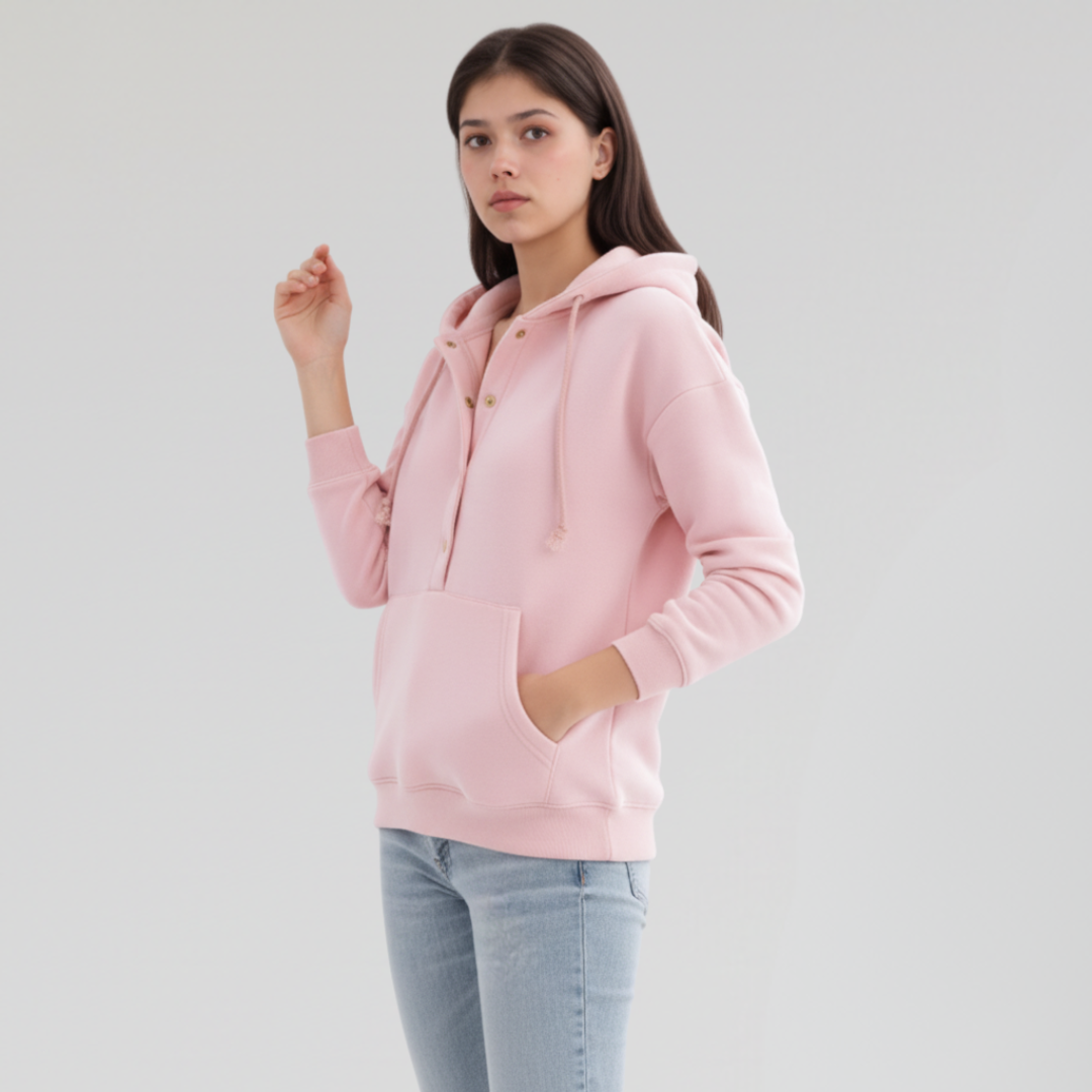 Sweat à Capuche Rose Femme avec Boutons