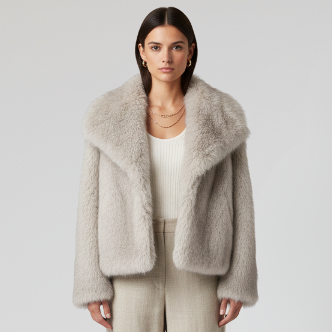 Veste D’hiver Femme Courte en Fausse Fourrure avec Col Large