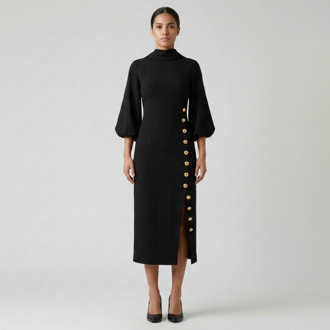 Robe midi noire femme à manches bouffantes et boutons dorés