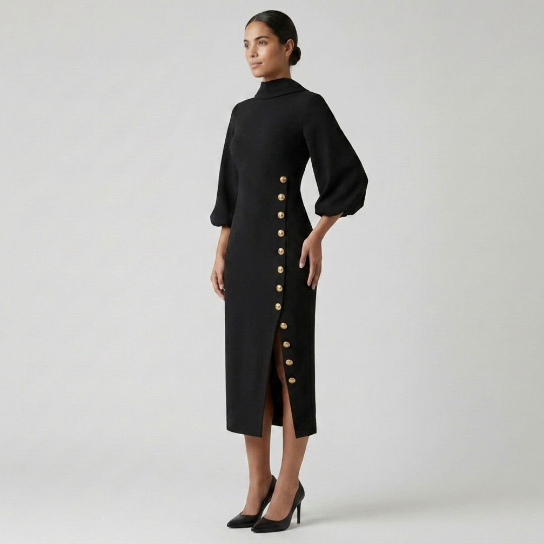 Robe midi noire femme à manches bouffantes et boutons dorés