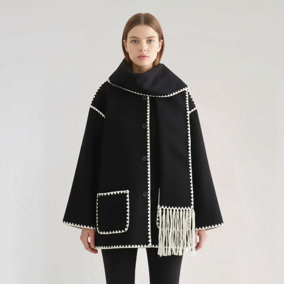 Manteau Femme avec Écharpe et Détails Contrastés