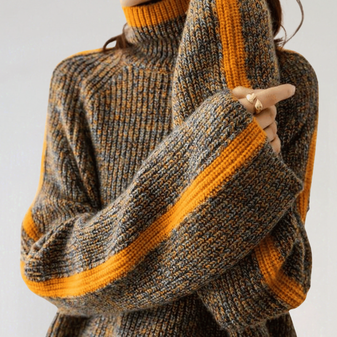 Pull à Col Roulé Manches Longues à Rayures Contrastées