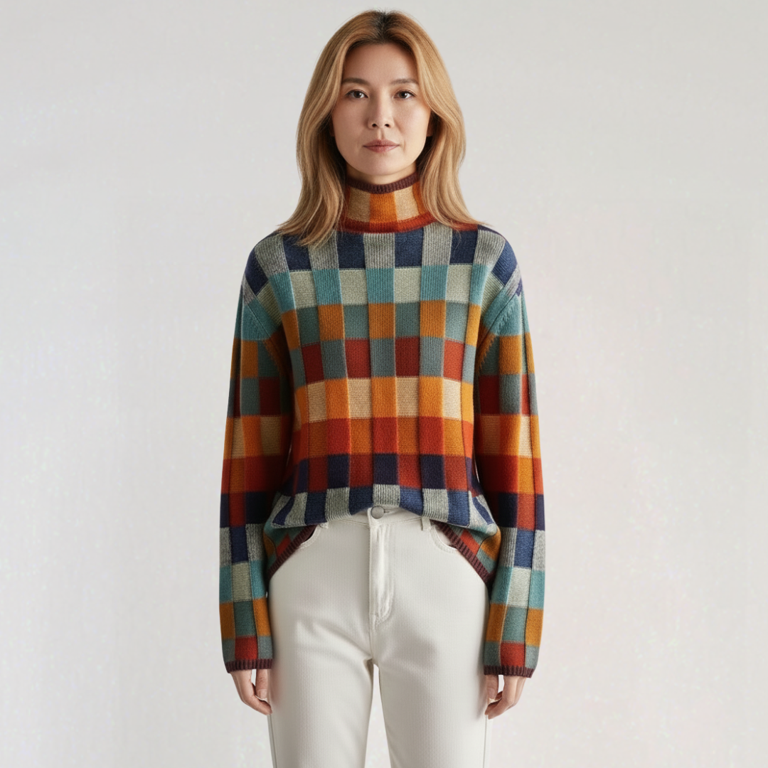 Pull Col Roulé à Carreaux Colorés Femme