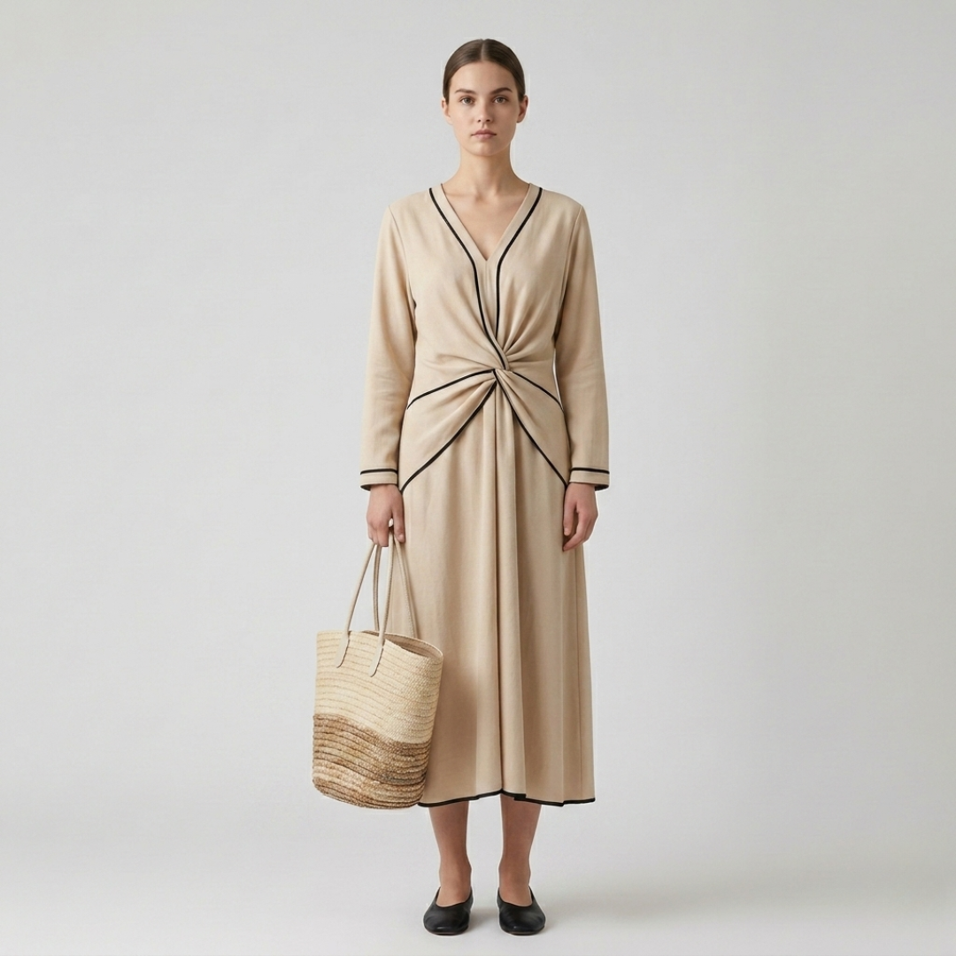 Robe midi femme à col V avec détail noué