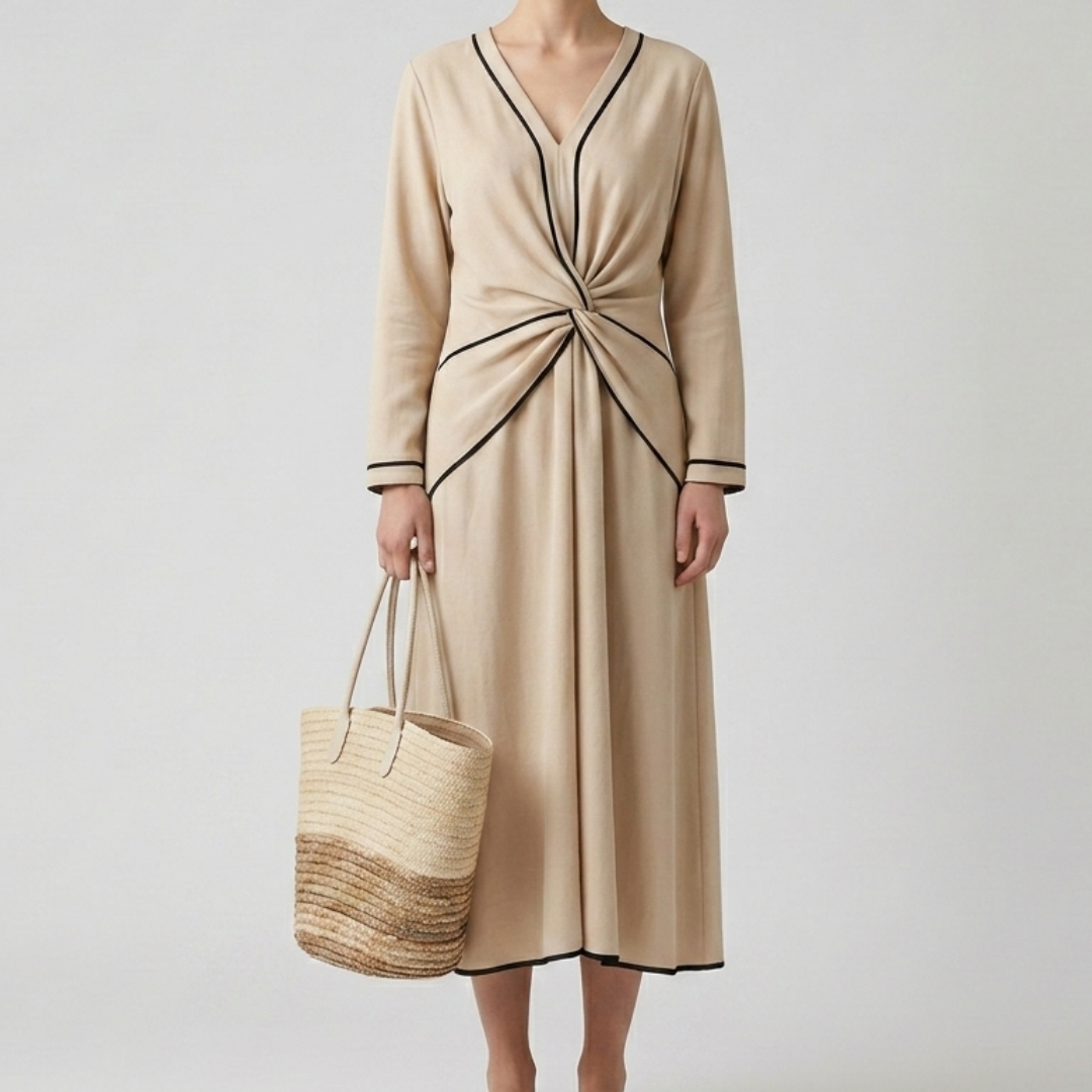 Robe midi femme à col V avec détail noué