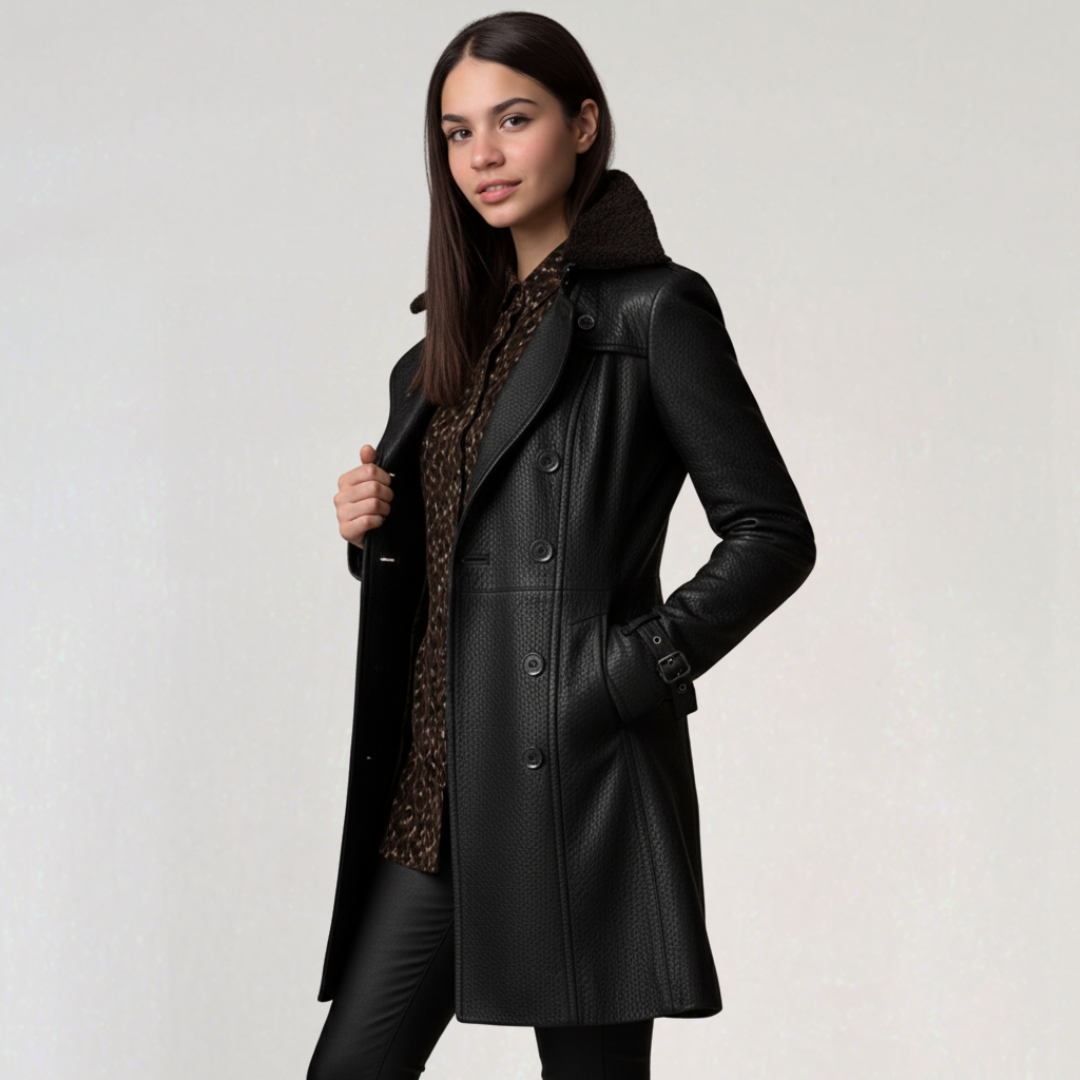 Manteau D’hiver Long Noir avec Ceinture pour Femme
