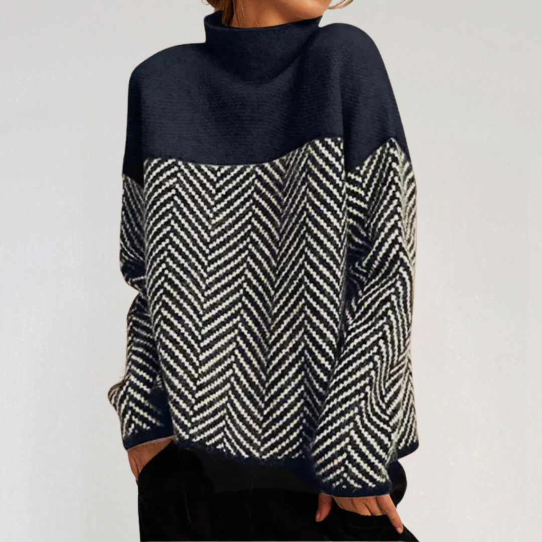 Pull Femme à Col Montant Bicolore Motif Chevron