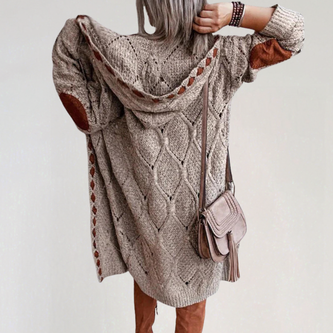 Cardigan Long à Capuche avec Motif Ajouré pour Femme