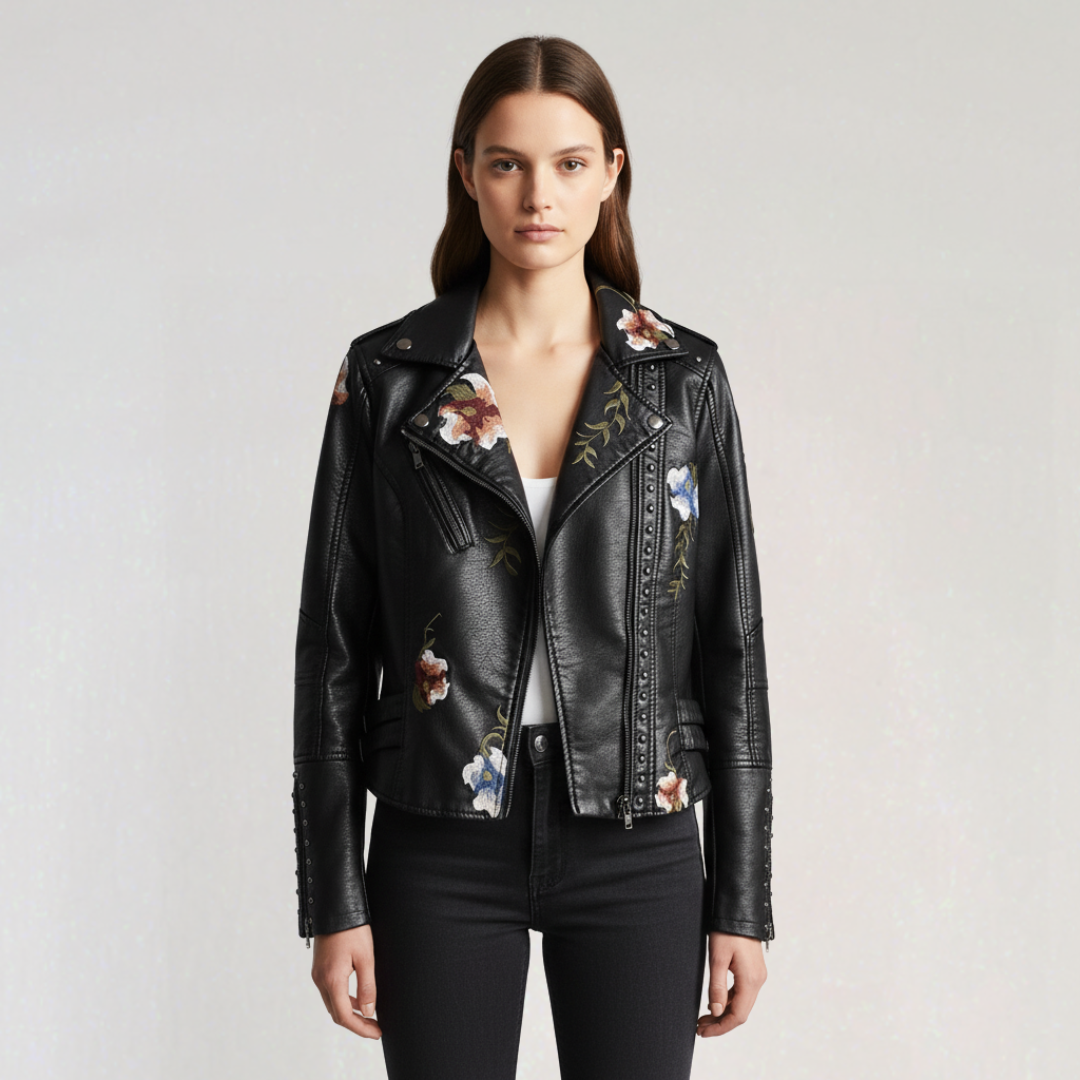 Veste Biker avec Broderie Florale pour Femme