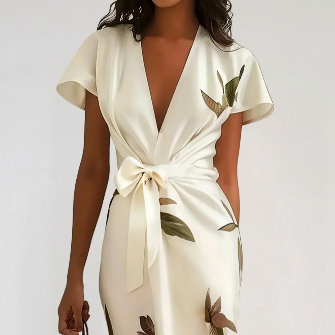 Robe midi portefeuille élégante en satin à imprimé fleuri