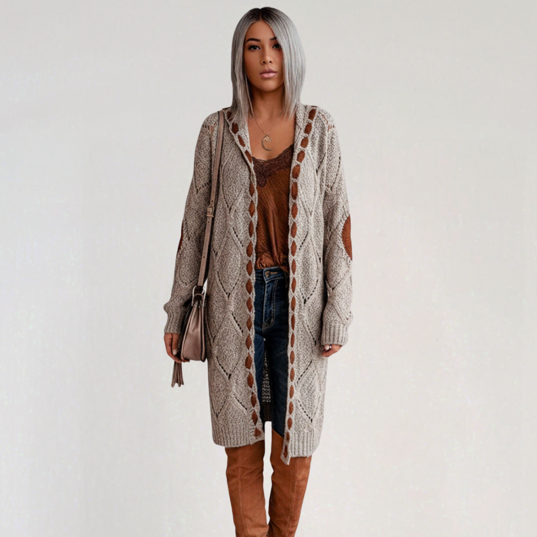 Cardigan Long à Capuche avec Motif Ajouré pour Femme