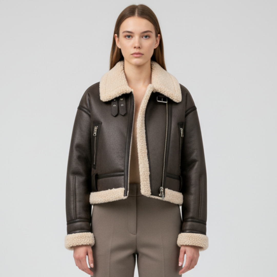 Veste Aviateur Femme en Similicuir avec Doublure en Sherpa