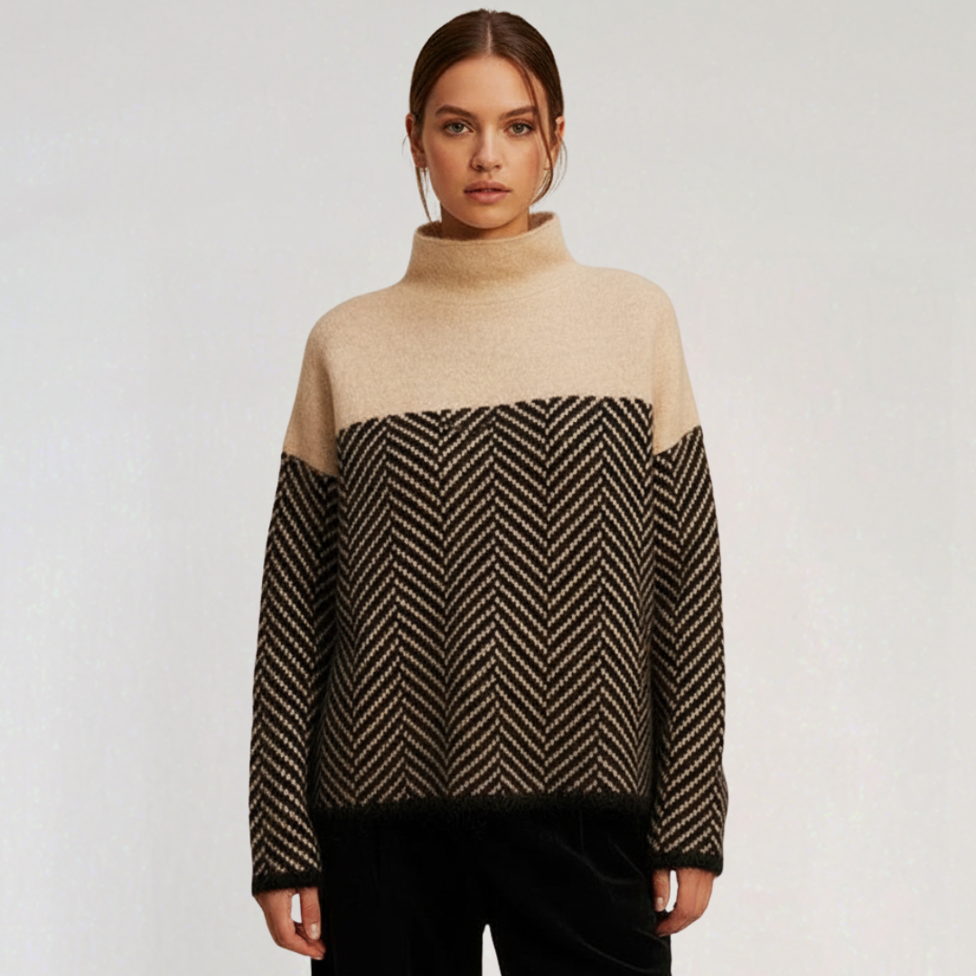Pull Femme à Col Montant Bicolore Motif Chevron