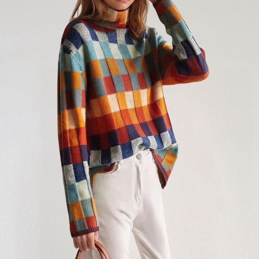 Pull Col Roulé à Carreaux Colorés Femme