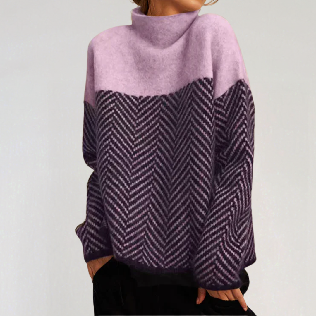 Pull Femme à Col Montant Bicolore Motif Chevron