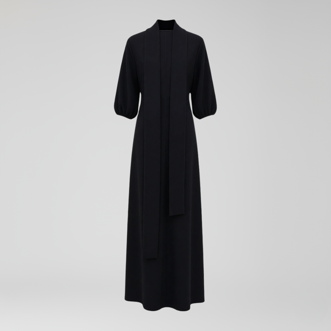 Robe midi noire femme à manches bouffantes et boutons dorés