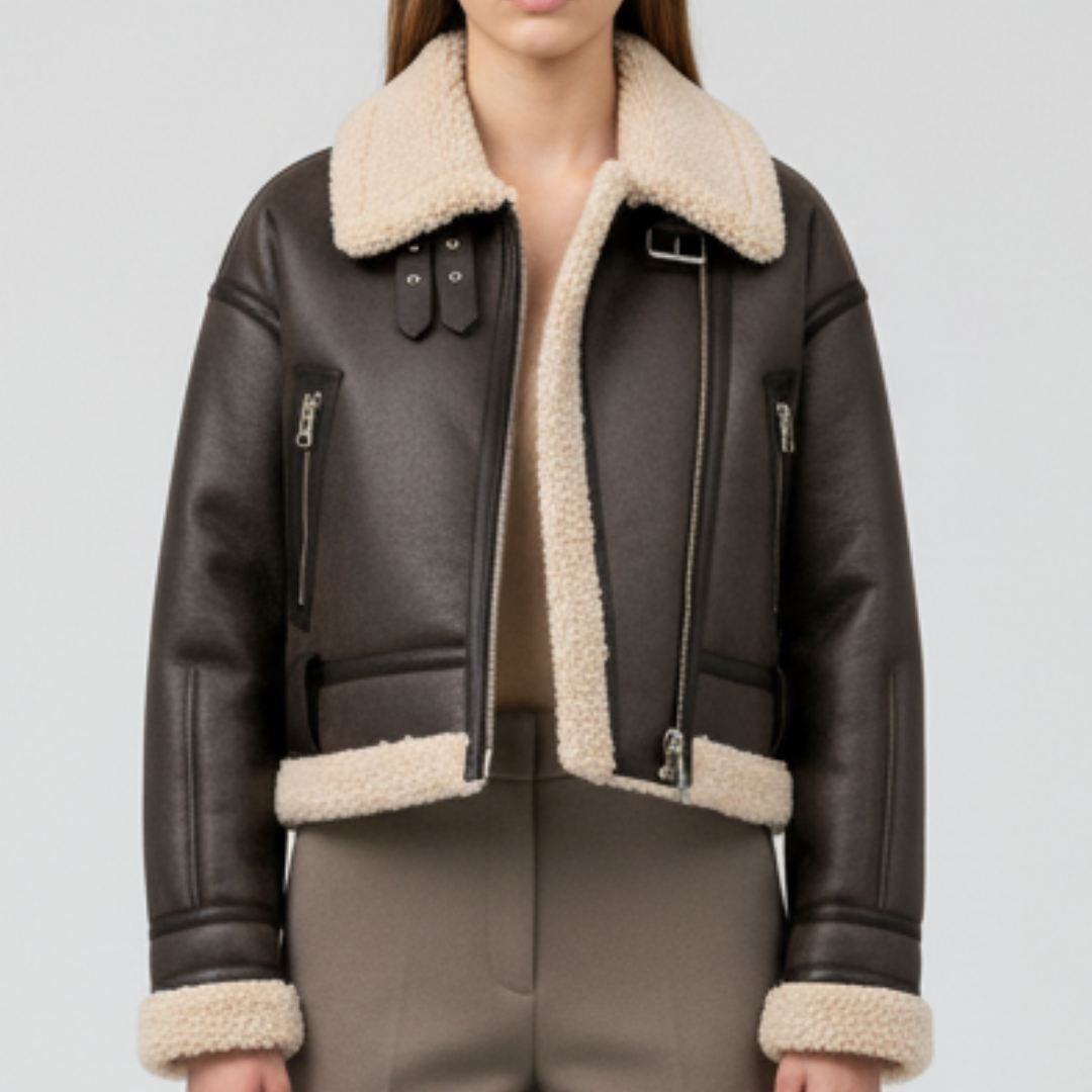 Veste Aviateur Femme en Similicuir avec Doublure en Sherpa