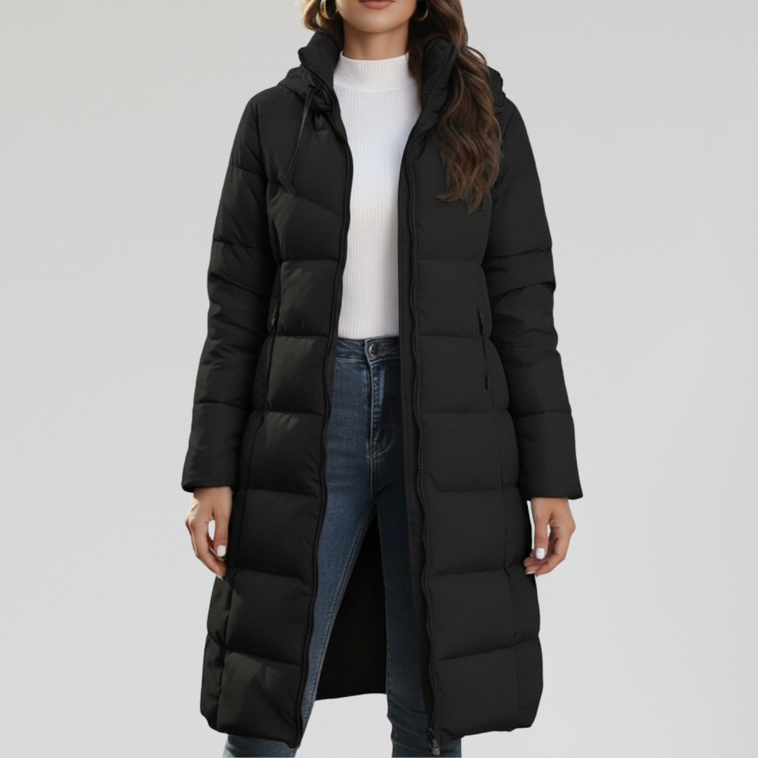 Doudoune Longue Femme avec Capuche et Fermeture Zippée