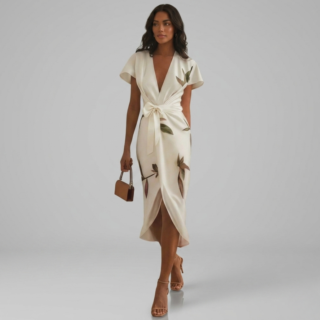 Robe midi portefeuille élégante en satin à imprimé fleuri