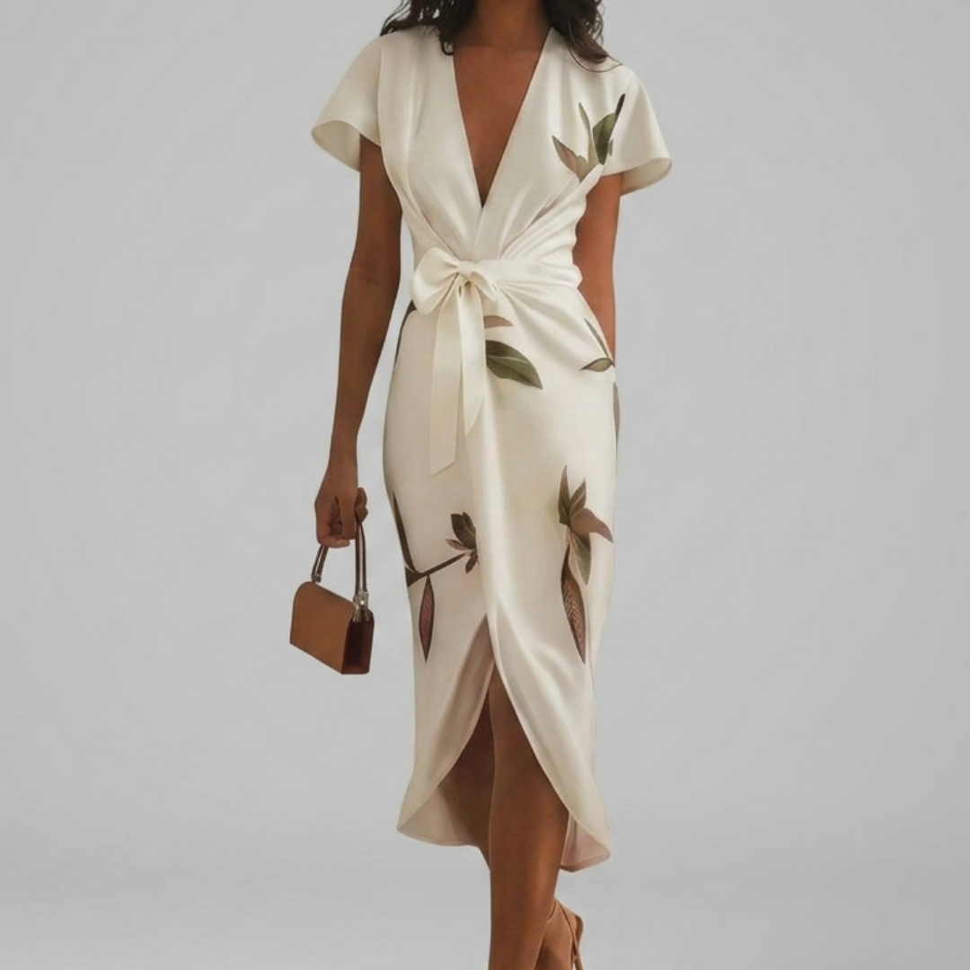 Robe midi portefeuille élégante en satin à imprimé fleuri