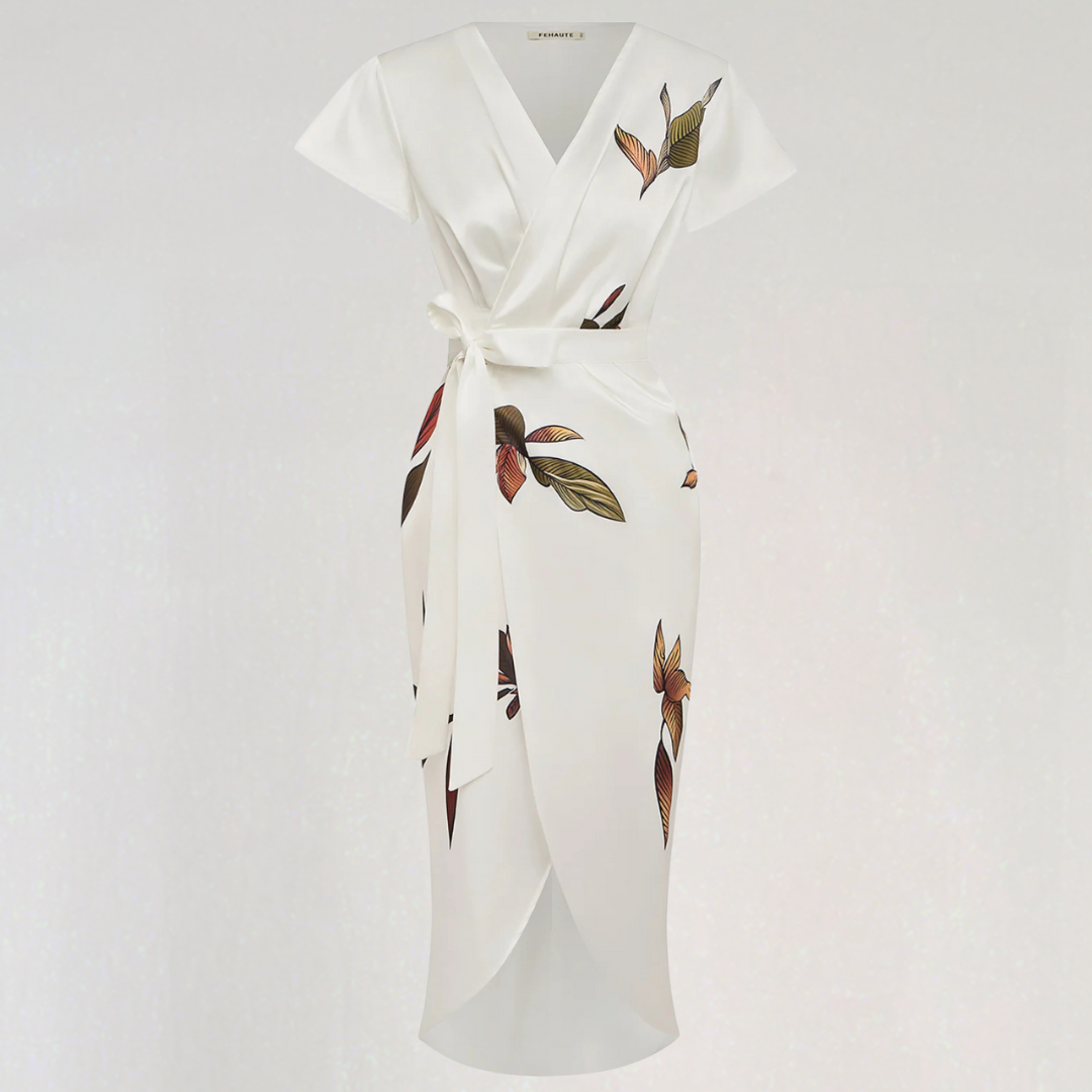 Robe midi portefeuille élégante en satin à imprimé fleuri
