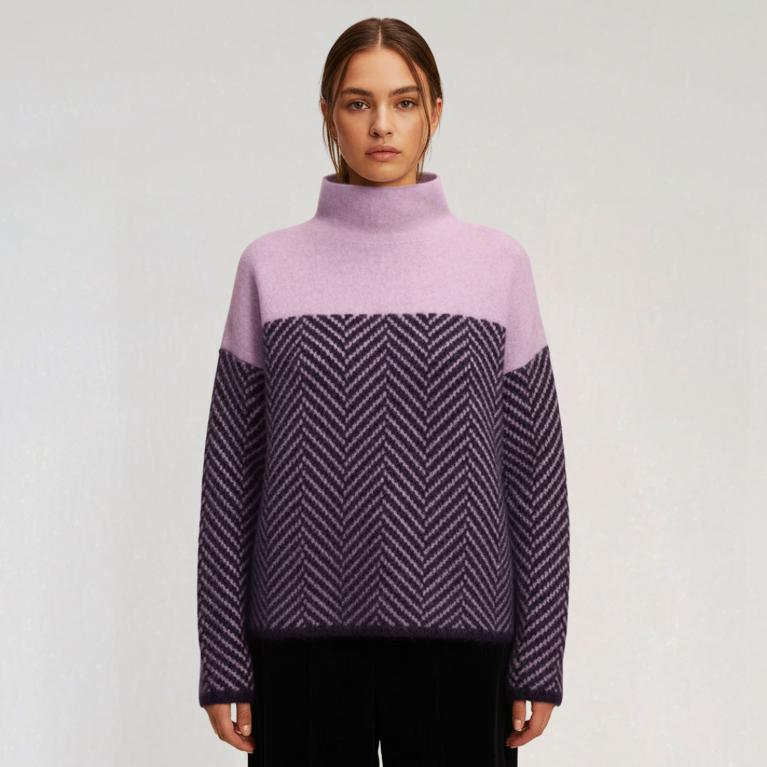 Pull Femme à Col Montant Bicolore Motif Chevron