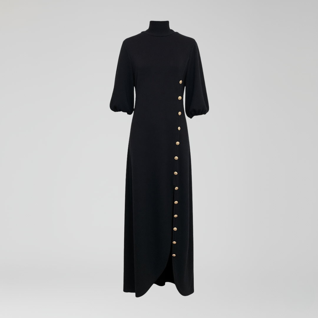 Robe midi noire femme à manches bouffantes et boutons dorés
