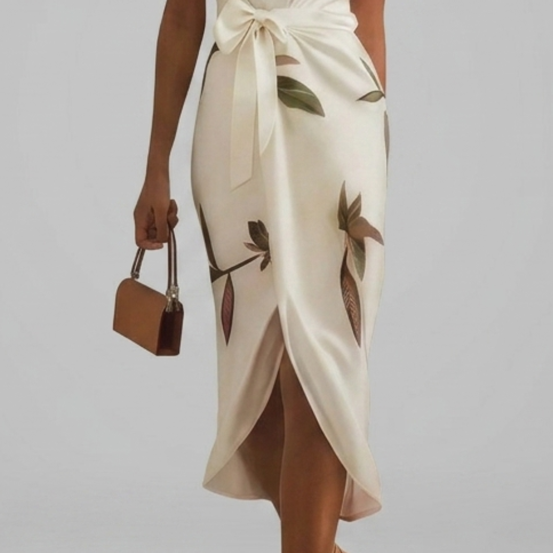 Robe midi portefeuille élégante en satin à imprimé fleuri