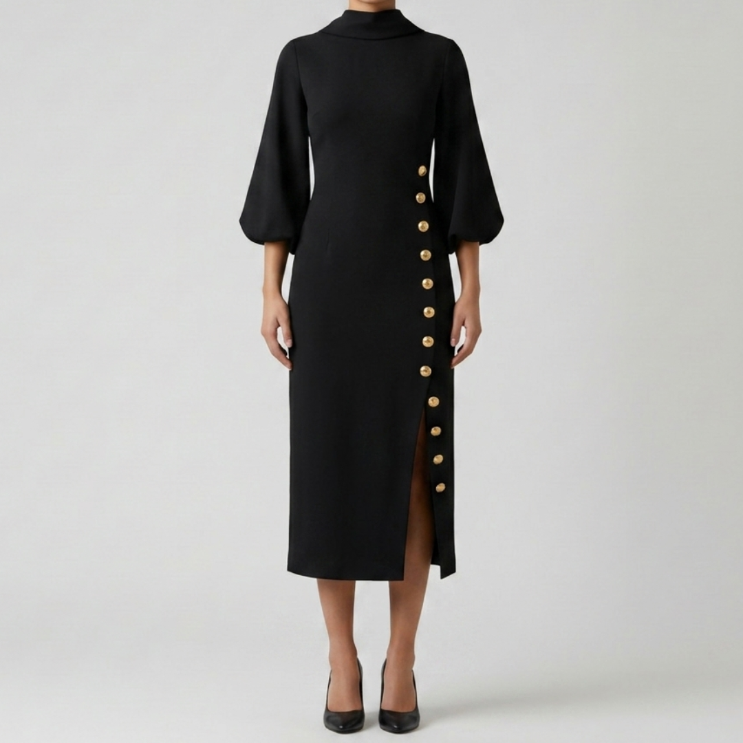 Robe midi noire femme à manches bouffantes et boutons dorés